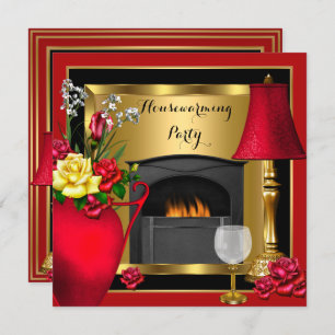 Invitación Rosas de oro rojo caldeando el hogar decoran vidri