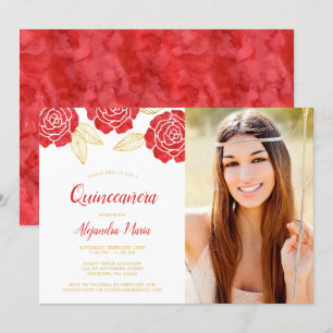 Invitación Rosas de oro rojo moderno foto de Quinceanera