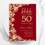 Invitación Rosas de Oro Rojo Sorprenden 50 años<br><div class="desc">Invitación a la fiesta de cumpleaños número 50 de Red Gold floral sorpresa. Diseño elegante con rosas, Relieve metalizado de oro falso y tipografía tipo guión. La carta de invitación a la moda es perfecta para una elegante celebración de cumpleaños femenina. Se puede personalizar a cualquier edad. Invitaciones Zazzle impresas...</div>