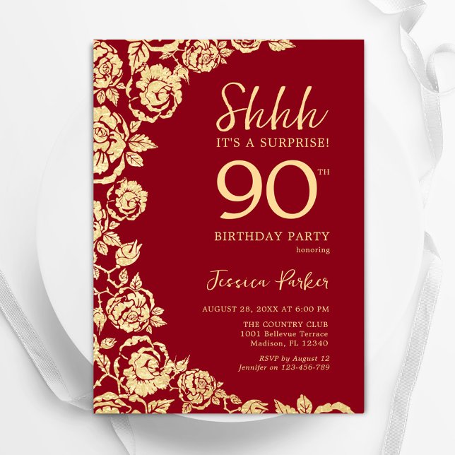 Invitación Rosas de Oro Rojo Sorprenden 90 cumpleaños (Subido por el creador)