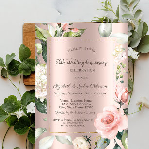 Invitación Rosas de oro rosa con gotas de purpurina para aniv