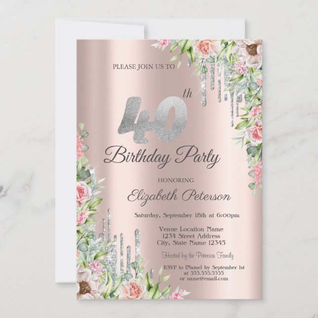 Invitación Rosas de oro rosa con gotas de purpurina plateada  (Anverso)