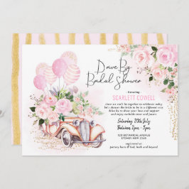 Invitación Rosas De Oro Rosado En Auto Retro En Ducha De Novi