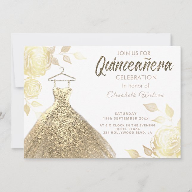 Invitación Rosas de oro secuela vestido de oro Quinceañera In (Anverso)