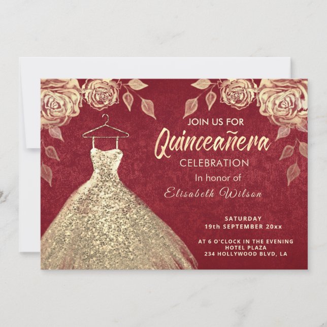 Invitación Rosas de oro secuestra vestido de oro Quinceañera  (Anverso)