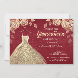 Invitación Rosas de oro secuestra vestido de oro Quinceañera 