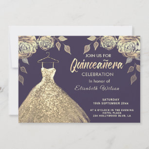 Invitación Rosas de oro secuestra vestido de oro Quinceañera