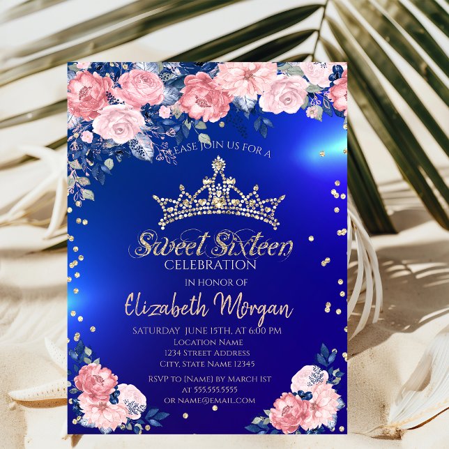 Invitación Rosas de oro Tiara Diamonds Blue Sweet 16 (Subido por el creador)