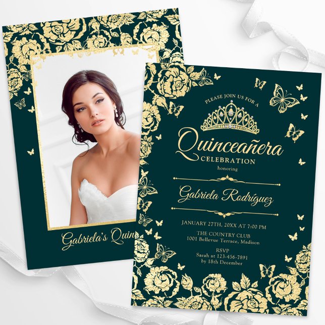 Invitación Rosas de oro verde esmeralda foto de Quinceanera (Subido por el creador)