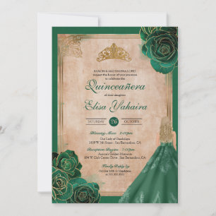 Invitación Rosas de oro verde esmeralda vintage Royal Quincea