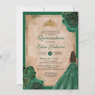 Invitación Rosas de Oro Verde Vintage Elegante Real Quinceane