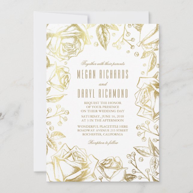 Invitación Rosas de oro y Boda del aliento del bebé (Anverso)