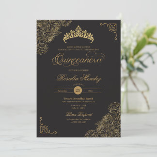 Invitación Rosas de Oro y Negro Elegante Quinceañera