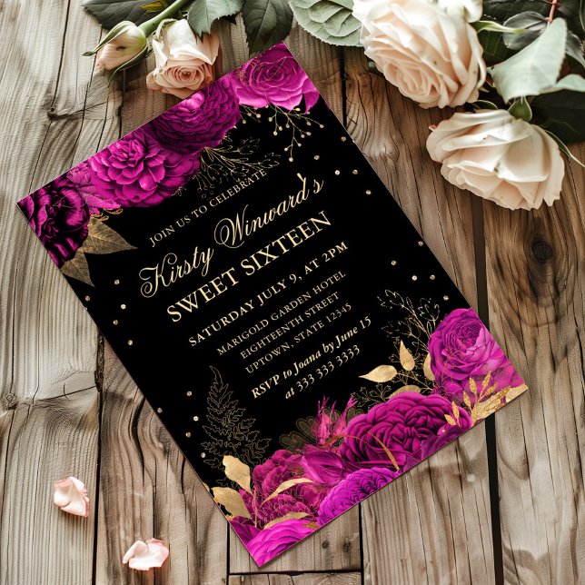 Invitación Rosas de oro y rosa caliente Dulce Floral Dieciséi (Subido por el creador)