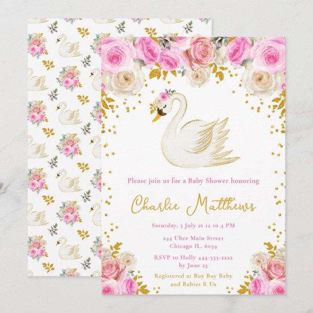 Invitación Rosas de Oro y Rosa del Cisne Baby Shower (Anverso / Reverso)