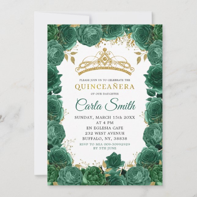 Invitación Rosas de oro y verde esmeralda Quinceañera (Anverso)