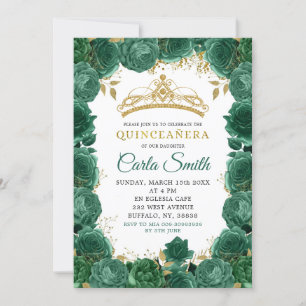 Invitación Rosas de oro y verde esmeralda Quinceañera
