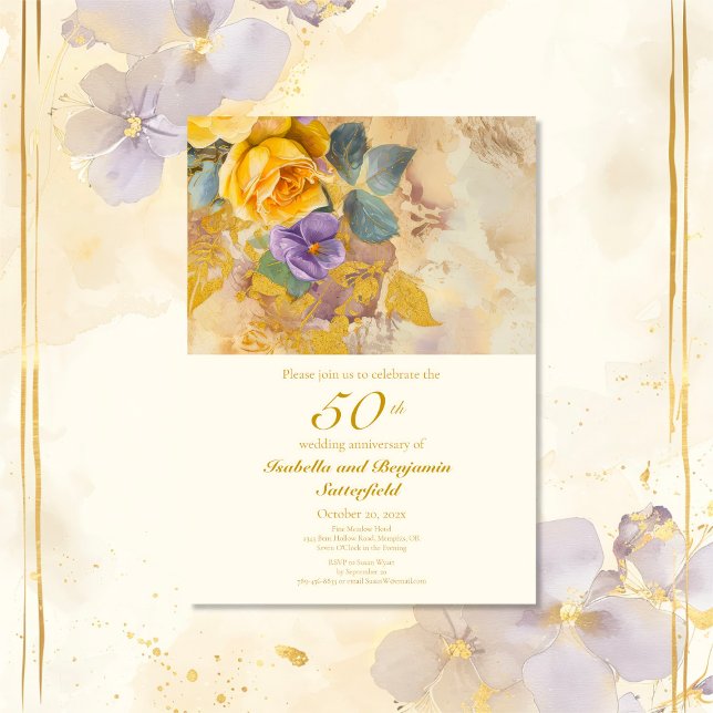 Invitación Rosas de oro y violetas 50 años de Boda (Gold Roses and Violets 50th Wedding Anniversary Invitation)