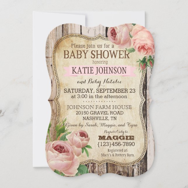 Invitación Rosas de país y la Baby Shower Rustic Wood (Anverso)