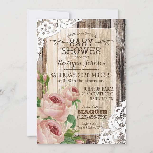 Invitación Rosas de país y la Baby Shower Rustic Wood (Anverso)