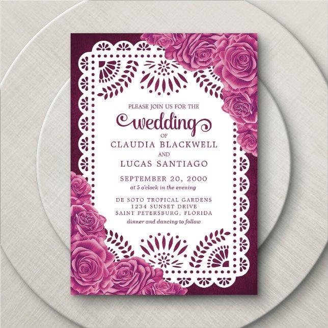 Invitación Rosas de Papel Picado Rosa Burgundy Boda (Subido por el creador)