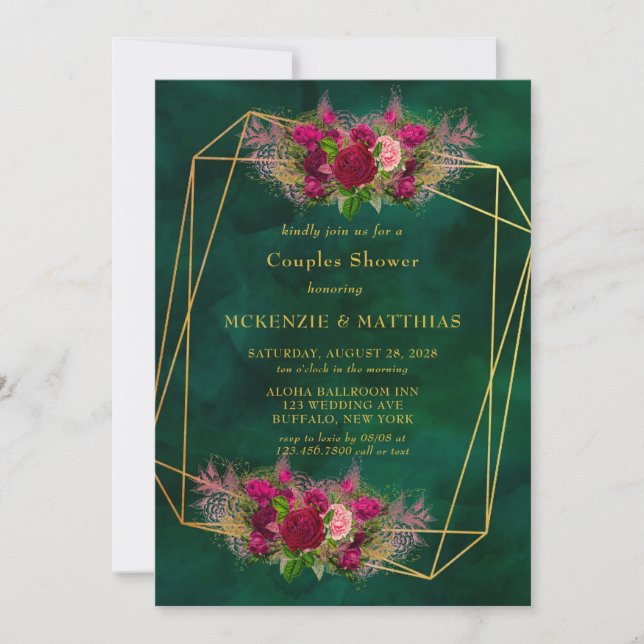 Invitación Rosas de peones verde esmeralda duchas de parejas (Anverso)
