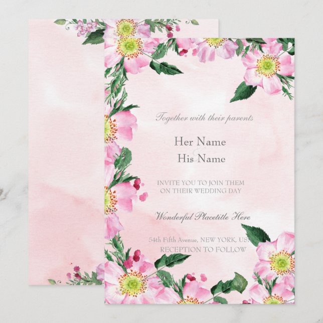 Invitación Rosas de perro en Boda de fondo rosa (Anverso / Reverso)
