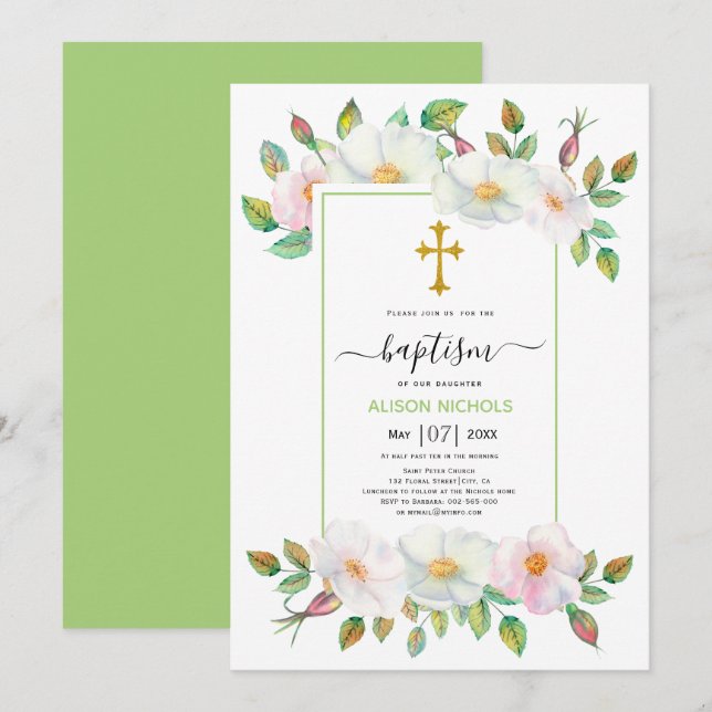 Invitación Rosas de perros salvajes blancos y rosados Bautism (Anverso / Reverso)