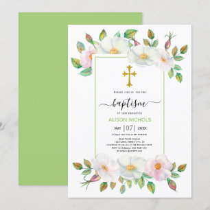 Invitación Rosas de perros salvajes blancos y rosados Bautism
