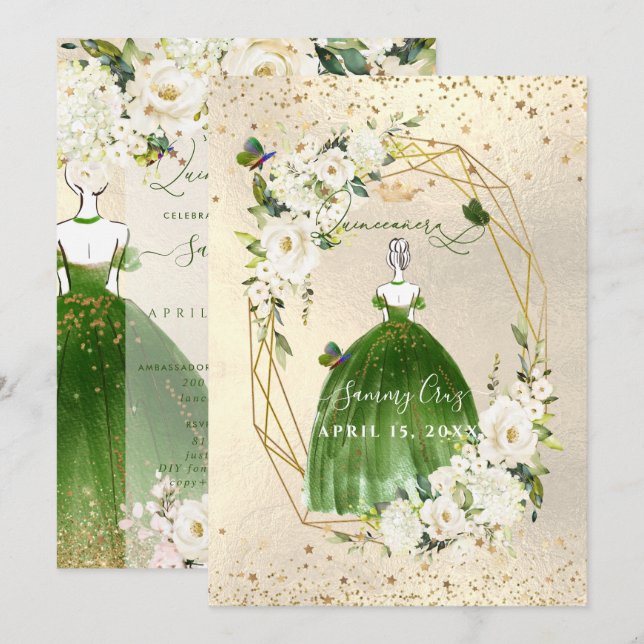 Invitación Rosas de PixDezines Green Quinceanera H2 Alabaster (Anverso / Reverso)