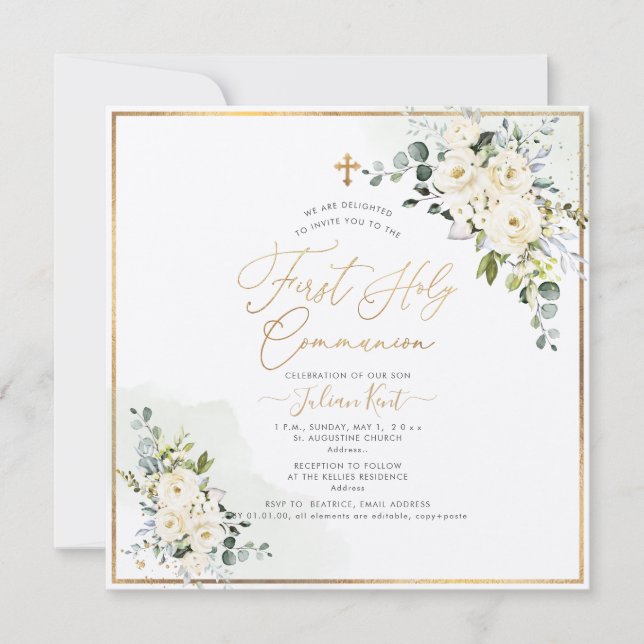 Invitación Rosas de PixDezines H2 Alabaster Primera Santa Com (Anverso)