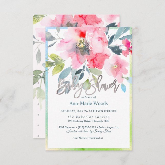 Invitación Rosas de PixDezines Watercolor Garden Baby Shower (Anverso / Reverso)