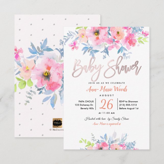 Invitación Rosas de PixDezines Watercolor Garden Baby Shower (Anverso / Reverso)