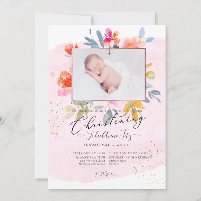 Invitación Rosas de PixDezines Watercolor Garden Christening (Anverso)