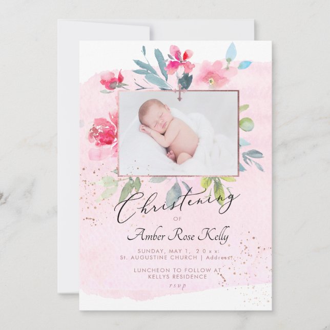 Invitación Rosas de PixDezines Watercolor Gardeon Christening (Anverso)