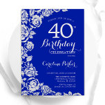 Invitación Rosas de Plata Azul Real 40 Fiesta de cumpleaños<br><div class="desc">Invitación a la fiesta de cumpleaños 40 de la floral de plata azul real. Diseño elegante con rosas, Relieve metalizado falso plateado y tipo de letra de guión de tipografía. La carta de invitación a la moda es perfecta para una elegante celebración de cumpleaños femenina. Se puede personalizar a cualquier...</div>