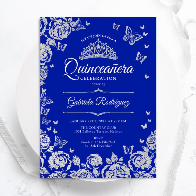 Invitación Rosas de Plata Azul Real Mariposas Quinceanera (Subido por el creador)