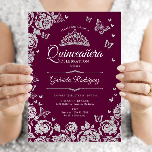 Invitación Rosas de Plata Borgoña Mariposas Quinceanera