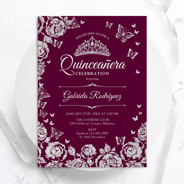 Invitación Rosas de Plata Borgoña Mariposas Quinceanera (Subido por el creador)