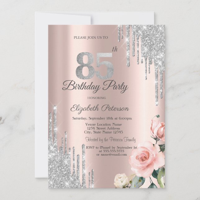 Invitación Rosas de plata con gotas de purpurina Rosa Oro 85 (Anverso)