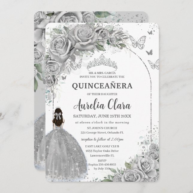 Invitación Rosas de plata Floral Quinceanera dulce 16 cumplea (Anverso / Reverso)