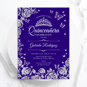 Invitación Rosas de Plata Morada Mariposas Quinceanera
