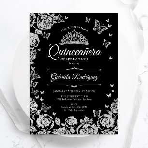 Invitación Rosas de Plata Negra Mariposas Quinceanera