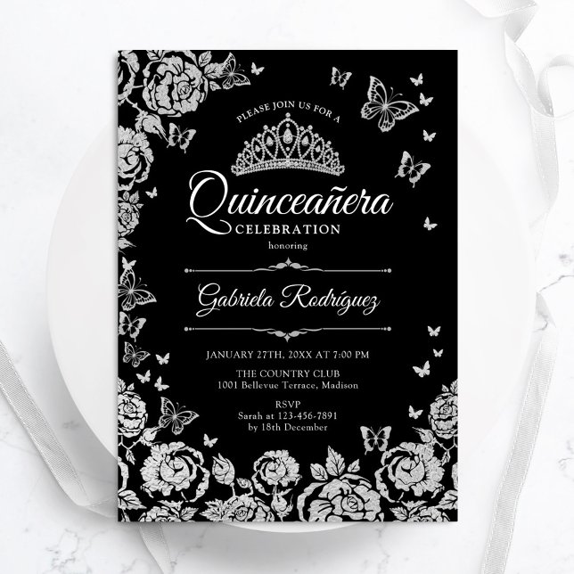 Invitación Rosas de Plata Negra Mariposas Quinceanera (Subido por el creador)