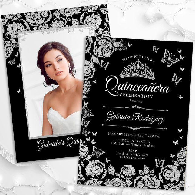 Invitación Rosas de Plata Negra Mariposas Quinceanera Foto (Subido por el creador)