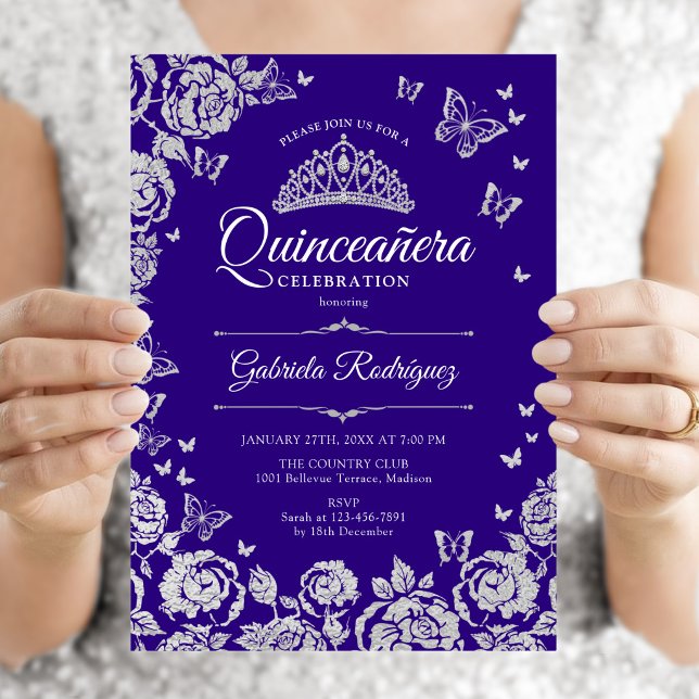 Invitación Rosas de plata púrpura Mariposas Quinceañera (Subido por el creador)