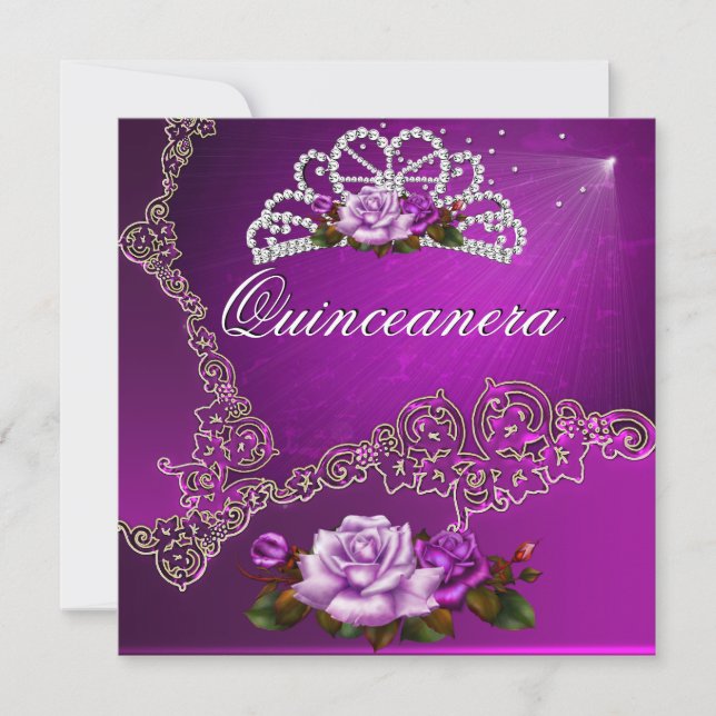 Invitación Rosas de Plata Púrpura Rosa Quinceanera 15 (Anverso)