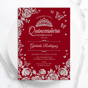 Invitación Rosas de Plata Roja Mariposas Quinceanera