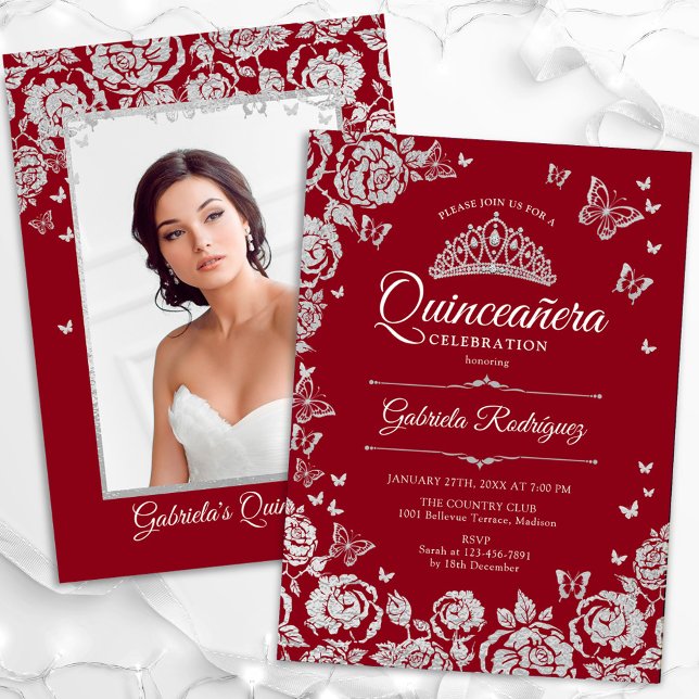 Invitación Rosas de Plata Roja Mariposas Quinceanera Foto (Subido por el creador)