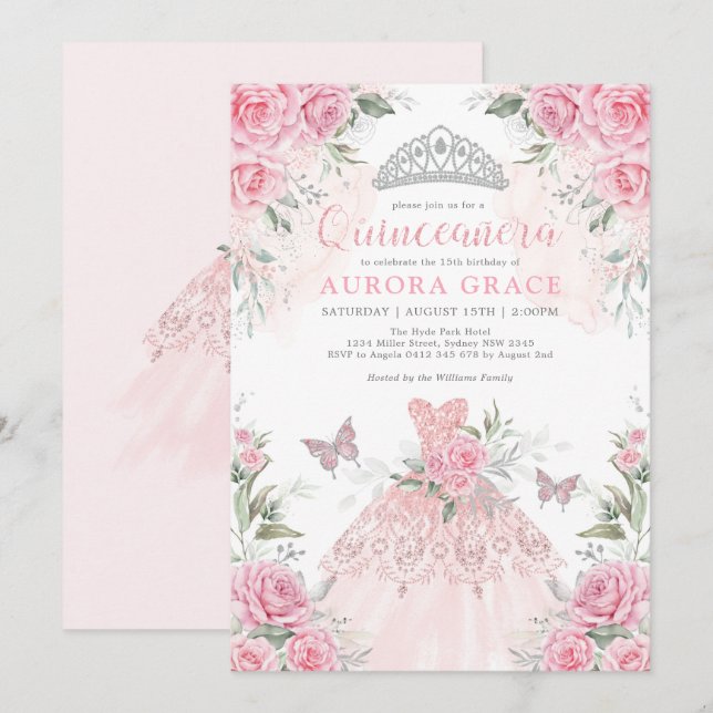 Invitación Rosas de plata rosa Corona de la Princesa Quinceañ (Anverso / Reverso)